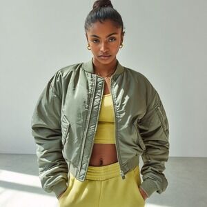 ZARA XS Green Bomber Jacket Military Utility Streetwear Cropped Puff Sleeves Y2K